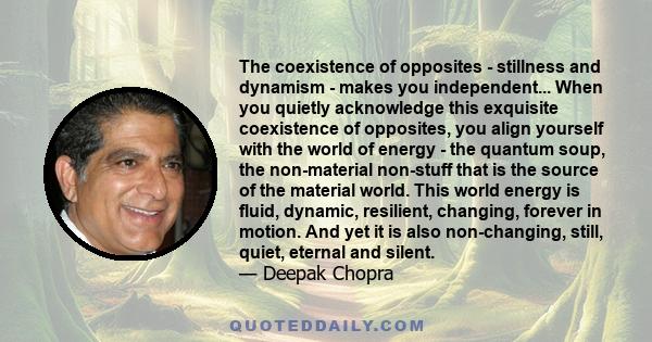 The coexistence of opposites - stillness and dynamism - makes you independent... When you quietly acknowledge this exquisite coexistence of opposites, you align yourself with the world of energy - the quantum soup, the