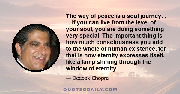 The way of peace is a soul journey. . . . If you can live from the level of your soul, you are doing something very special. The important thing is how much consciousness you add to the whole of human existence, for