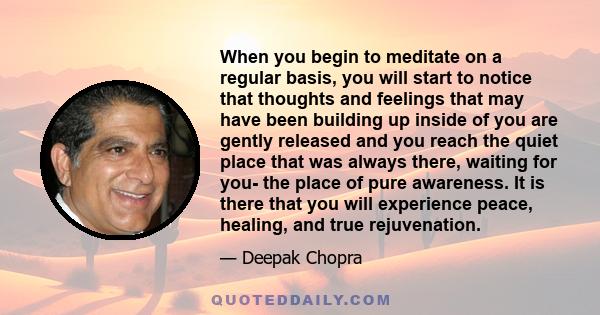 When you begin to meditate on a regular basis, you will start to notice that thoughts and feelings that may have been building up inside of you are gently released and you reach the quiet place that was always there,