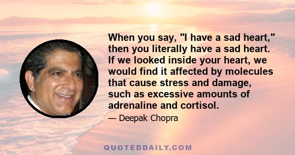 When you say, I have a sad heart, then you literally have a sad heart. If we looked inside your heart, we would find it affected by molecules that cause stress and damage, such as excessive amounts of adrenaline and