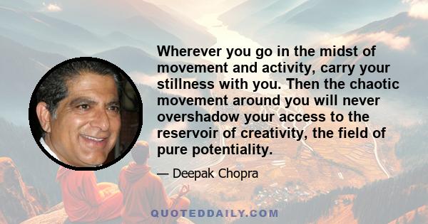 Wherever you go in the midst of movement and activity, carry your stillness with you. Then the chaotic movement around you will never overshadow your access to the reservoir of creativity, the field of pure potentiality.