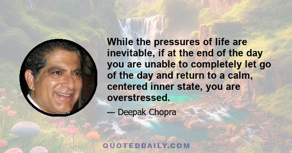 While the pressures of life are inevitable, if at the end of the day you are unable to completely let go of the day and return to a calm, centered inner state, you are overstressed.