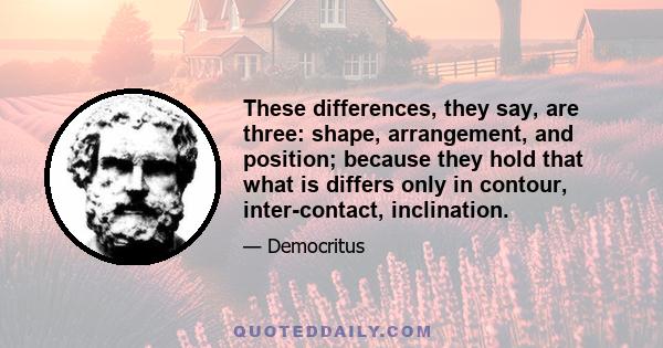 These differences, they say, are three: shape, arrangement, and position; because they hold that what is differs only in contour, inter-contact, inclination.