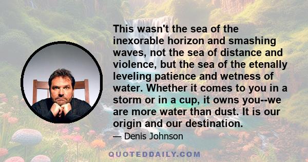 This wasn't the sea of the inexorable horizon and smashing waves, not the sea of distance and violence, but the sea of the etenally leveling patience and wetness of water. Whether it comes to you in a storm or in a cup, 