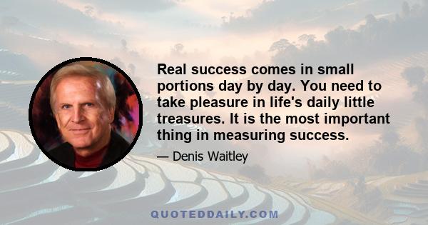 Real success comes in small portions day by day. You need to take pleasure in life's daily little treasures. It is the most important thing in measuring success.