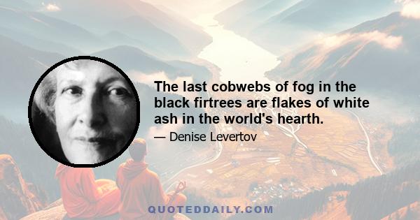 The last cobwebs of fog in the black firtrees are flakes of white ash in the world's hearth.