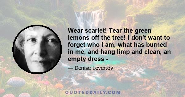 Wear scarlet! Tear the green lemons off the tree! I don't want to forget who I am, what has burned in me, and hang limp and clean, an empty dress -