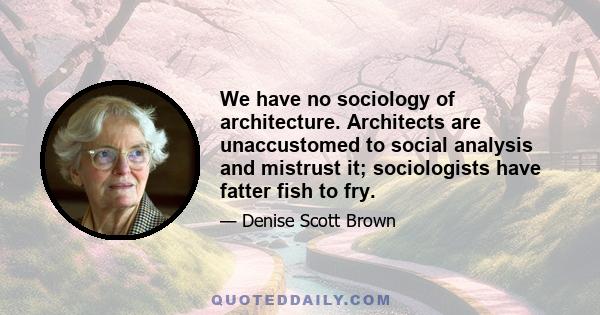 We have no sociology of architecture. Architects are unaccustomed to social analysis and mistrust it; sociologists have fatter fish to fry.