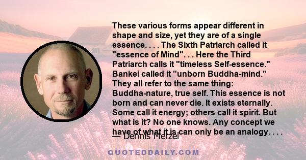 These various forms appear different in shape and size, yet they are of a single essence. . . . The Sixth Patriarch called it essence of Mind. . . Here the Third Patriarch calls it timeless Self-essence. Bankei called