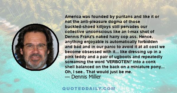 America was founded by puritans and like it or not the anti-pleasure dogma of those buckled-shoed killjoys still pervades our collective unconscious like an I-max shot of Dennis Franz's naked hairy cop ass. Hence,