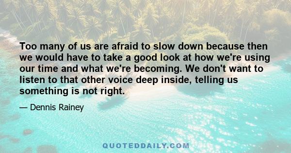 Too many of us are afraid to slow down because then we would have to take a good look at how we're using our time and what we're becoming. We don't want to listen to that other voice deep inside, telling us something is 