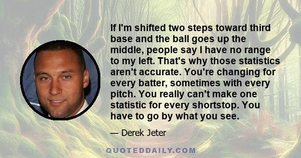 If I'm shifted two steps toward third base and the ball goes up the middle, people say I have no range to my left. That's why those statistics aren't accurate. You're changing for every batter, sometimes with every