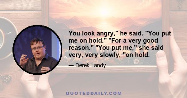 You look angry, he said. You put me on hold. For a very good reason. You put me, she said very, very slowly, on hold.