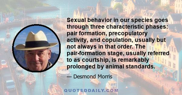 Sexual behavior in our species goes through three characteristic phases: pair formation, precopulatory activity, and copulation, usually but not always in that order. The pair-formation stage, usually referred to as