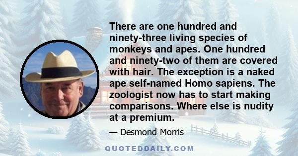 There are one hundred and ninety-three living species of monkeys and apes. One hundred and ninety-two of them are covered with hair. The exception is a naked ape self-named Homo sapiens. The zoologist now has to start