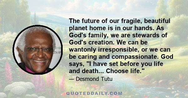 The future of our fragile, beautiful planet home is in our hands. As God's family, we are stewards of God's creation. We can be wantonly irresponsible, or we can be caring and compassionate. God says, I have set before