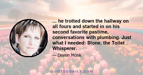 ... he trotted down the hallway on all fours and started in on his second favorite pastime, conversations with plumbing. Just what I needed: Stone, the Toilet Whisperer.