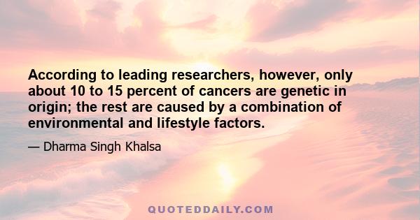 According to leading researchers, however, only about 10 to 15 percent of cancers are genetic in origin; the rest are caused by a combination of environmental and lifestyle factors.