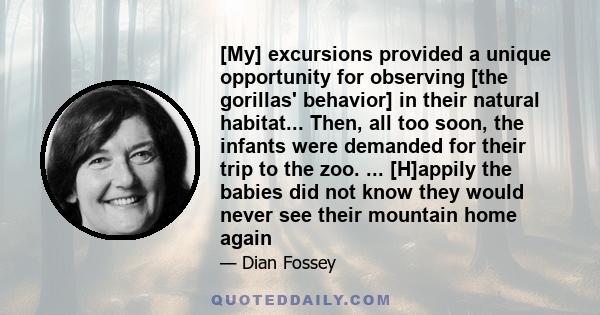 [My] excursions provided a unique opportunity for observing [the gorillas' behavior] in their natural habitat... Then, all too soon, the infants were demanded for their trip to the zoo. ... [H]appily the babies did not