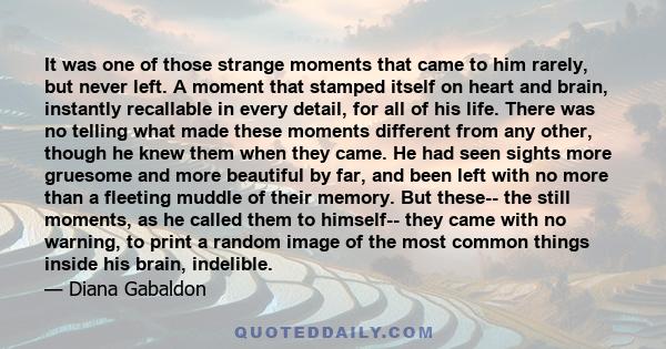 It was one of those strange moments that came to him rarely, but never left. A moment that stamped itself on heart and brain, instantly recallable in every detail, for all of his life. There was no telling what made