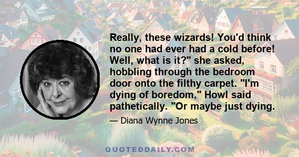 Really, these wizards! You'd think no one had ever had a cold before! Well, what is it? she asked, hobbling through the bedroom door onto the filthy carpet. I'm dying of boredom, Howl said pathetically. Or maybe just