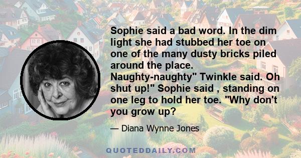 Sophie said a bad word. In the dim light she had stubbed her toe on one of the many dusty bricks piled around the place. Naughty-naughty Twinkle said. Oh shut up! Sophie said , standing on one leg to hold her toe. Why