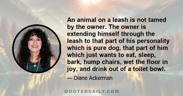 An animal on a leash is not tamed by the owner. The owner is extending himself through the leash to that part of his personality which is pure dog, that part of him which just wants to eat, sleep, bark, hump chairs, wet 