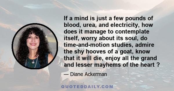 If a mind is just a few pounds of blood, urea, and electricity, how does it manage to contemplate itself, worry about its soul, do time-and-motion studies, admire the shy hooves of a goat, know that it will die, enjoy