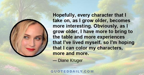 Hopefully, every character that I take on, as I grow older, becomes more interesting. Obviously, as I grow older, I have more to bring to the table and more experiences that I've lived myself, so I'm hoping that I can