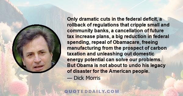 Only dramatic cuts in the federal deficit, a rollback of regulations that cripple small and community banks, a cancellation of future tax increase plans, a big reduction in federal spending, repeal of Obamacare, freeing 