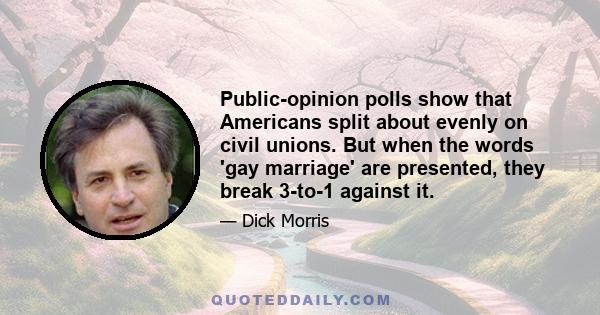 Public-opinion polls show that Americans split about evenly on civil unions. But when the words 'gay marriage' are presented, they break 3-to-1 against it.