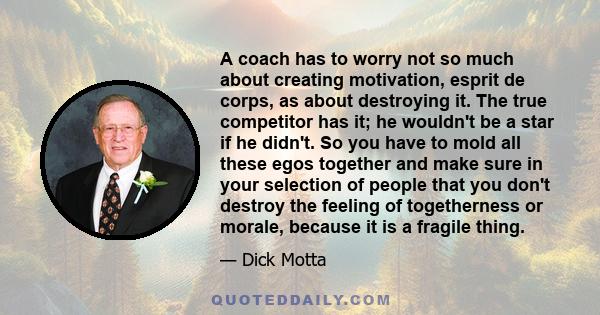 A coach has to worry not so much about creating motivation, esprit de corps, as about destroying it. The true competitor has it; he wouldn't be a star if he didn't. So you have to mold all these egos together and make