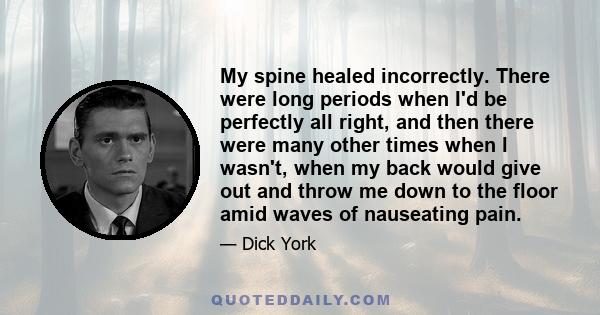 My spine healed incorrectly. There were long periods when I'd be perfectly all right, and then there were many other times when I wasn't, when my back would give out and throw me down to the floor amid waves of