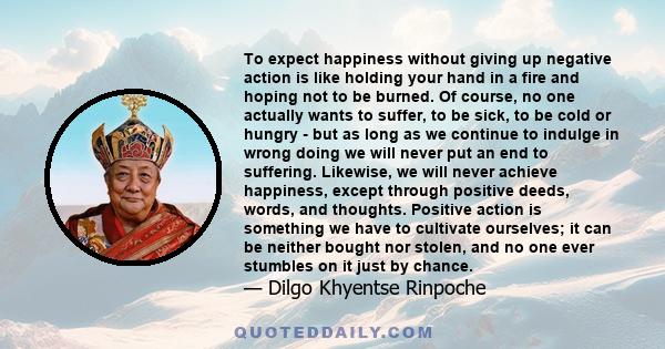 To expect happiness without giving up negative action is like holding your hand in a fire and hoping not to be burned. Of course, no one actually wants to suffer, to be sick, to be cold or hungry - but as long as we