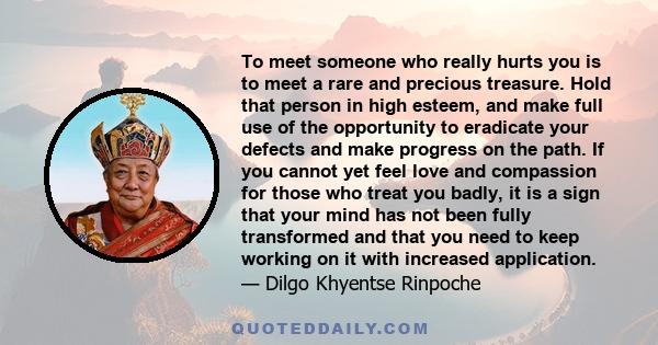 To meet someone who really hurts you is to meet a rare and precious treasure. Hold that person in high esteem, and make full use of the opportunity to eradicate your defects and make progress on the path. If you cannot