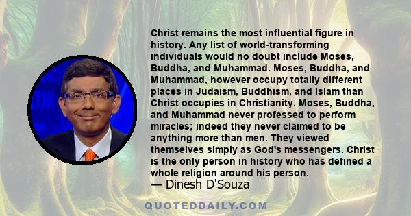 Christ remains the most influential figure in history. Any list of world-transforming individuals would no doubt include Moses, Buddha, and Muhammad. Moses, Buddha, and Muhammad, however occupy totally different places