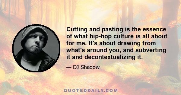 Cutting and pasting is the essence of what hip-hop culture is all about for me. It's about drawing from what's around you, and subverting it and decontextualizing it.