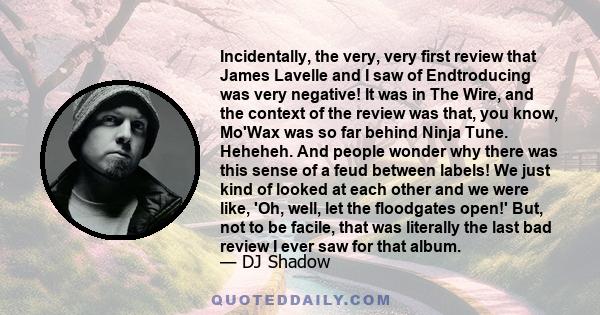 Incidentally, the very, very first review that James Lavelle and I saw of Endtroducing was very negative! It was in The Wire, and the context of the review was that, you know, Mo'Wax was so far behind Ninja Tune.