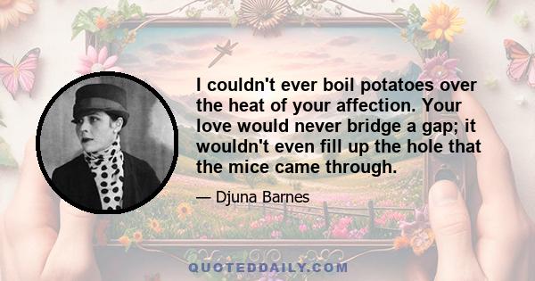 I couldn't ever boil potatoes over the heat of your affection. Your love would never bridge a gap; it wouldn't even fill up the hole that the mice came through.