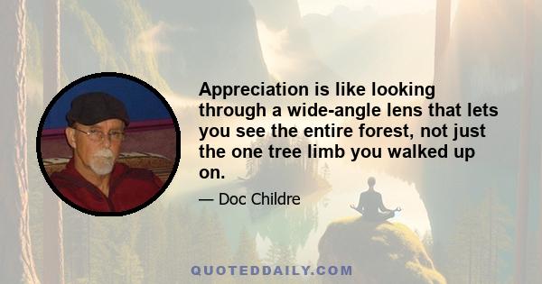 Appreciation is like looking through a wide-angle lens that lets you see the entire forest, not just the one tree limb you walked up on.