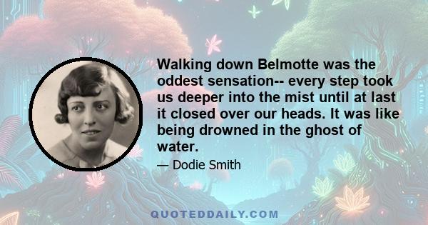 Walking down Belmotte was the oddest sensation-- every step took us deeper into the mist until at last it closed over our heads. It was like being drowned in the ghost of water.