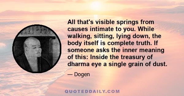 All that's visible springs from causes intimate to you. While walking, sitting, lying down, the body itself is complete truth. If someone asks the inner meaning of this: Inside the treasury of dharma eye a single grain