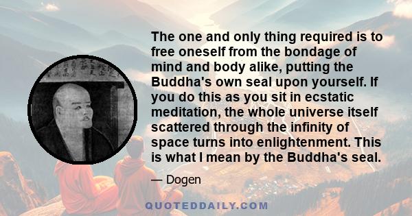 The one and only thing required is to free oneself from the bondage of mind and body alike, putting the Buddha's own seal upon yourself. If you do this as you sit in ecstatic meditation, the whole universe itself