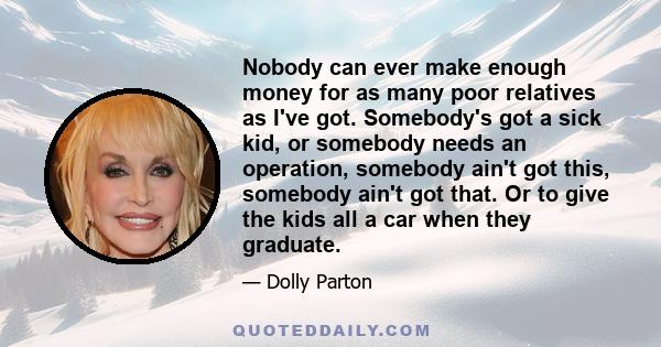 Nobody can ever make enough money for as many poor relatives as I've got. Somebody's got a sick kid, or somebody needs an operation, somebody ain't got this, somebody ain't got that. Or to give the kids all a car when