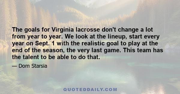 The goals for Virginia lacrosse don't change a lot from year to year. We look at the lineup, start every year on Sept. 1 with the realistic goal to play at the end of the season, the very last game. This team has the