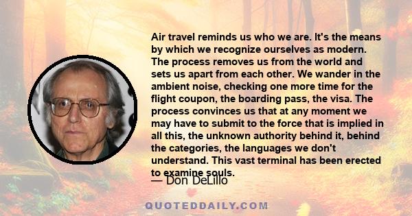 Air travel reminds us who we are. It's the means by which we recognize ourselves as modern. The process removes us from the world and sets us apart from each other. We wander in the ambient noise, checking one more time 