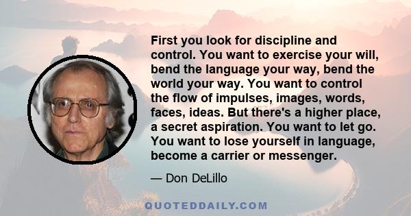 First you look for discipline and control. You want to exercise your will, bend the language your way, bend the world your way. You want to control the flow of impulses, images, words, faces, ideas. But there's a higher 