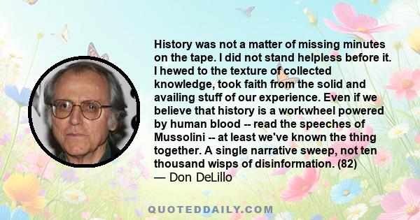 History was not a matter of missing minutes on the tape. I did not stand helpless before it. I hewed to the texture of collected knowledge, took faith from the solid and availing stuff of our experience. Even if we