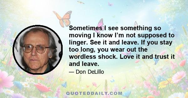 Sometimes I see something so moving I know I’m not supposed to linger. See it and leave. If you stay too long, you wear out the wordless shock. Love it and trust it and leave.