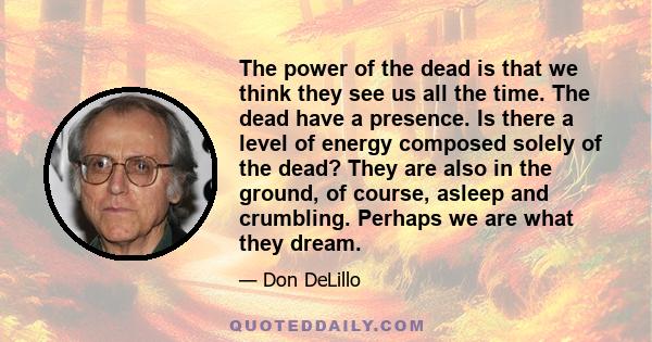 The power of the dead is that we think they see us all the time. The dead have a presence. Is there a level of energy composed solely of the dead? They are also in the ground, of course, asleep and crumbling. Perhaps we 